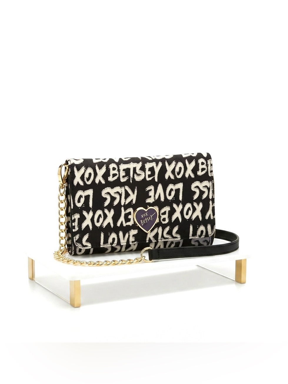 New Betsey Johnson Black & White Crossbody Purse With Credit Card Slots